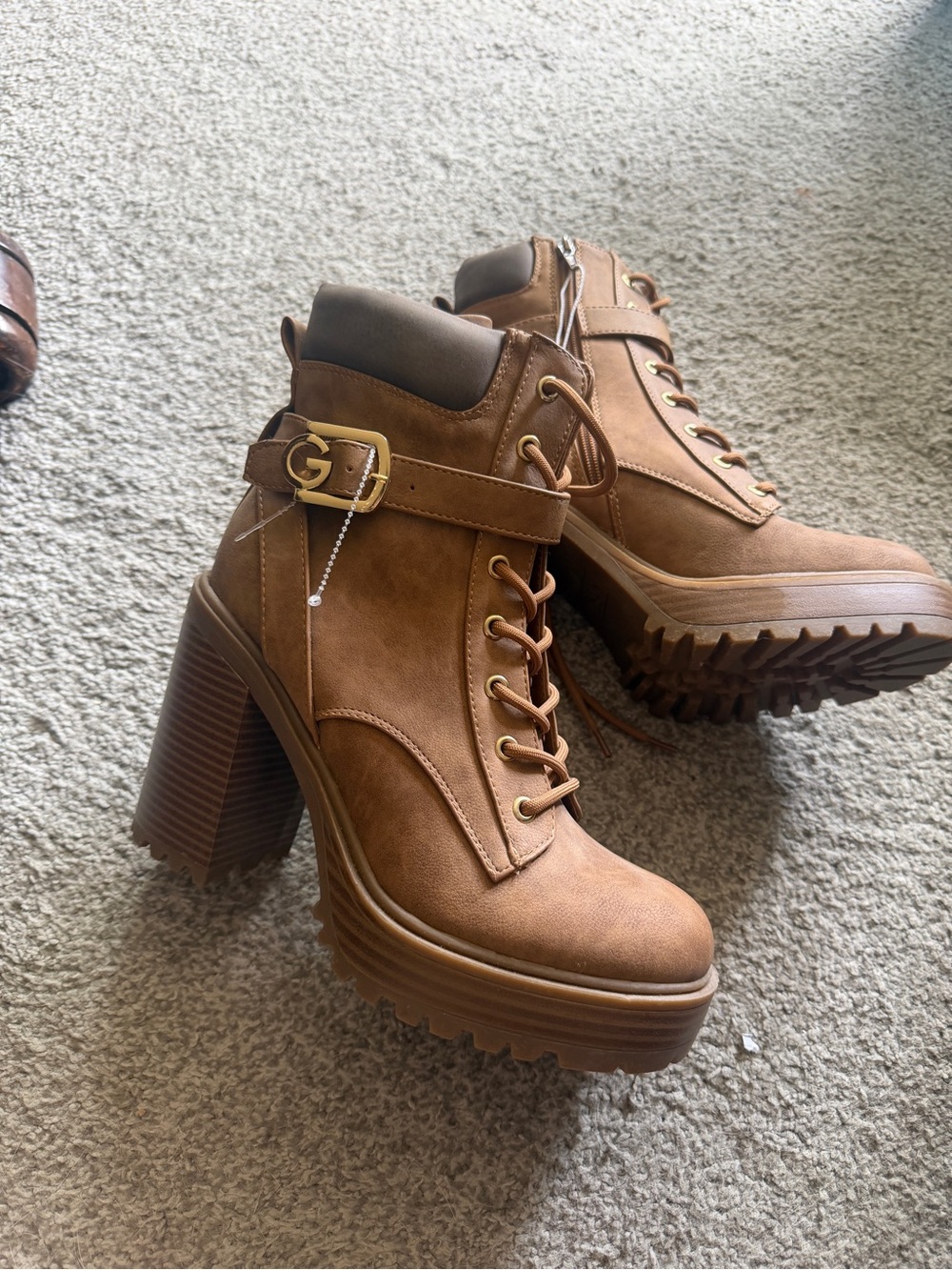 Guess Brown Lace-Up Heeled Ankle Boots with Gold Buckle